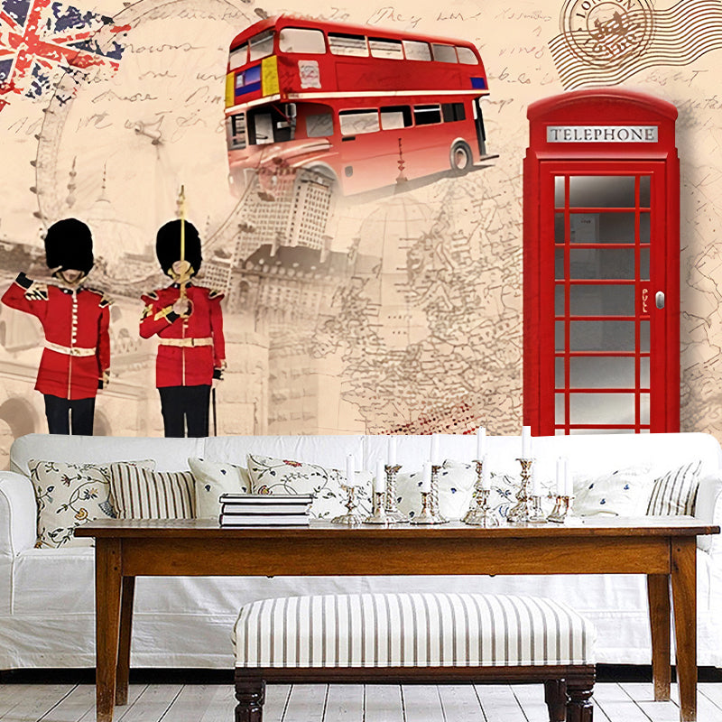 Extra Large Nostalgic Wall Art Red and Brown British Construction Wall Mural, Customized Size Available Clearhalo 'Wall Decor' 'Wall Mural' 978116