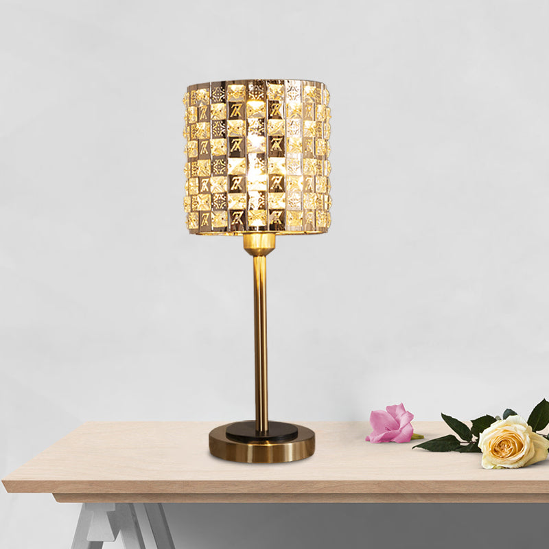 Minimalist Cylindrical Night Table Lighting Inserted Crystal 1 Bulb Bedroom Nightstand Lamp in Brass Clearhalo 'Lamps' 'Table Lamps' Lighting' 978171
