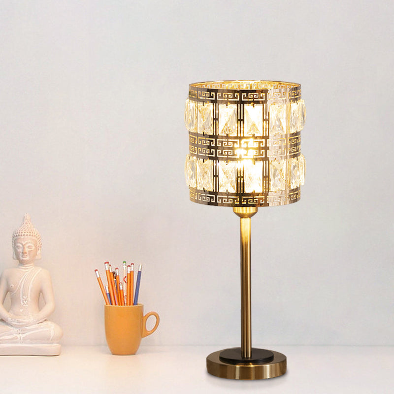 Minimalist Cylindrical Night Table Lighting Inserted Crystal 1 Bulb Bedroom Nightstand Lamp in Brass Clearhalo 'Lamps' 'Table Lamps' Lighting' 978175
