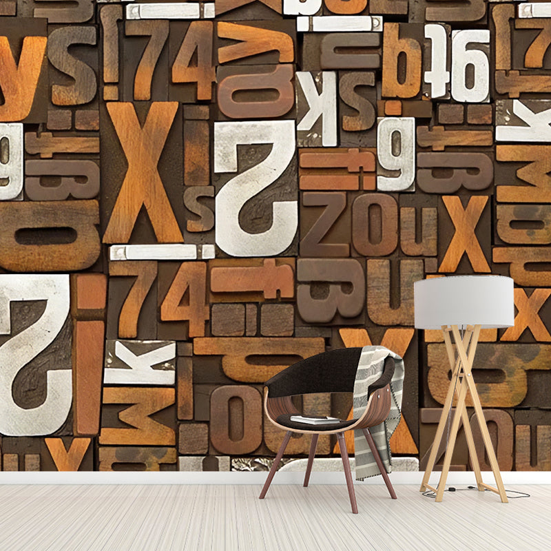 Brown Number and Letter Mural Wallpaper Stain-Resistant Wall Art for Bar Decoration Brown Clearhalo 'Wall Decor' 'Wall Mural' 978691