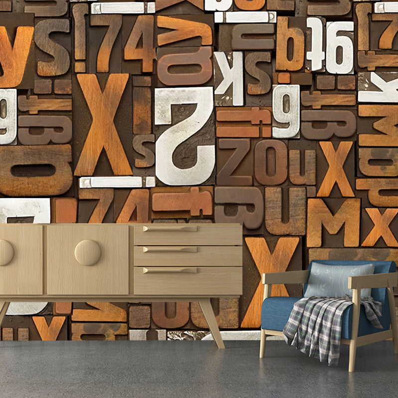 Brown Number and Letter Mural Wallpaper Stain-Resistant Wall Art for Bar Decoration Clearhalo 'Wall Decor' 'Wall Mural' 978692