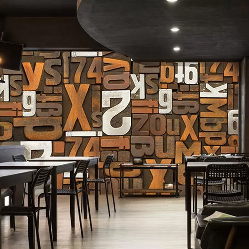 Brown Number and Letter Mural Wallpaper Stain-Resistant Wall Art for Bar Decoration Clearhalo 'Wall Decor' 'Wall Mural' 978693