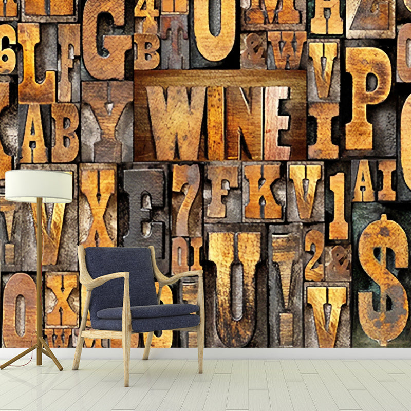 Whole Letters Mural Wallpaper for Living Room Decoration 3D Effect Wall Art in Yellow and Brown, Stain-Resistant Yellow-Brown Clearhalo 'Wall Decor' 'Wall Mural' 978711