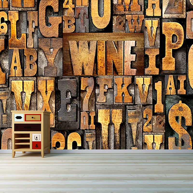 Whole Letters Mural Wallpaper for Living Room Decoration 3D Effect Wall Art in Yellow and Brown, Stain-Resistant Clearhalo 'Wall Decor' 'Wall Mural' 978712