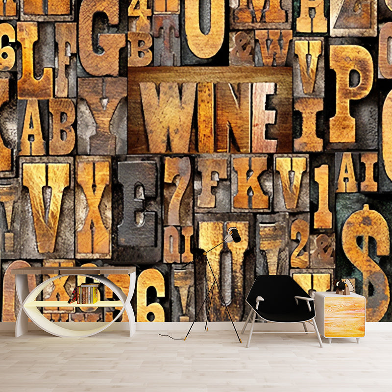 Whole Letters Mural Wallpaper for Living Room Decoration 3D Effect Wall Art in Yellow and Brown, Stain-Resistant Clearhalo 'Wall Decor' 'Wall Mural' 978713