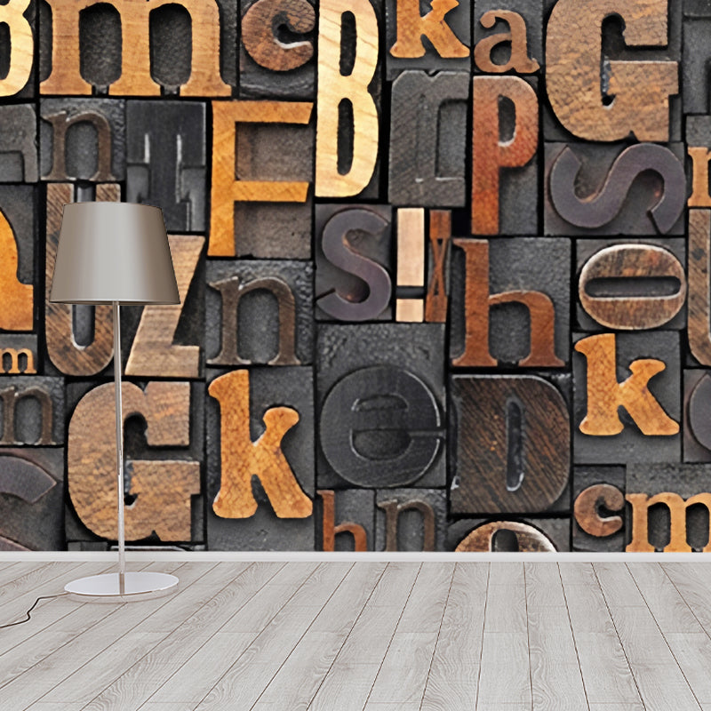 Custom-Made Photo Style Industrial Mural Wallpaper for Restaurant Decor with Letters Design in Brown Grey Clearhalo 'Wall Decor' 'Wall Mural' 978716