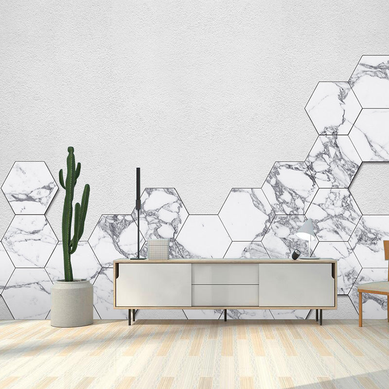 Custom Enormous Simple Wall Mural for Living Room Decor with Hexagon in Plain White White Clearhalo 'Wall Decor' 'Wall Mural' 978791