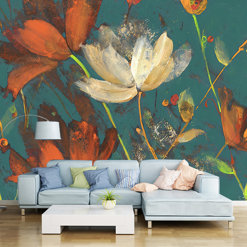 Extra Large Retro Mural Wallpaper in Orange and Green Blossoms Wall Art, Made to Measure Clearhalo 'Wall Decor' 'Wall Mural' 978802