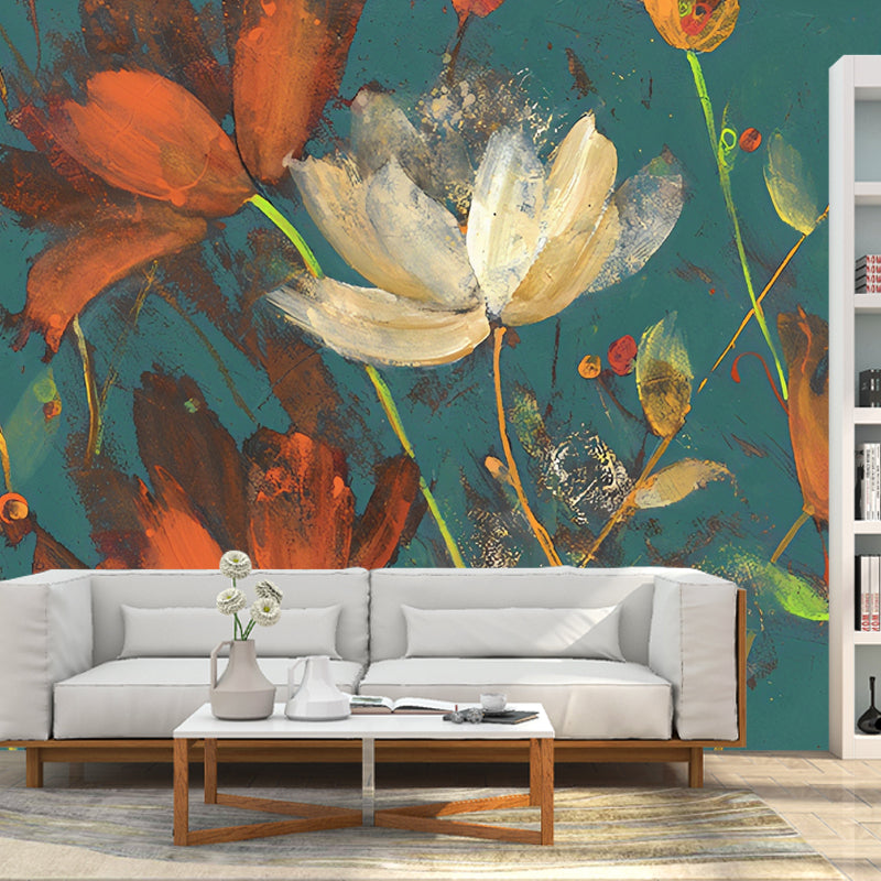 Extra Large Retro Mural Wallpaper in Orange and Green Blossoms Wall Art, Made to Measure Clearhalo 'Wall Decor' 'Wall Mural' 978803