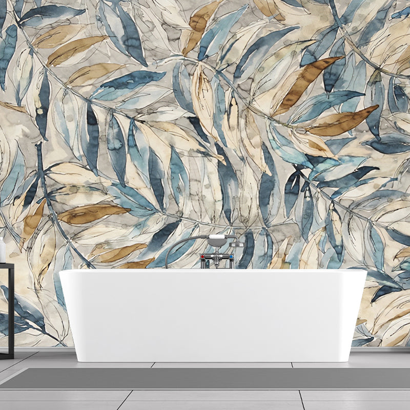 Watercolors of Leaves Mural Wallpaper for Home Decoration, Grey and Blue, Made to Measure Gray-Blue Clearhalo 'Wall Decor' 'Wall Mural' 978821