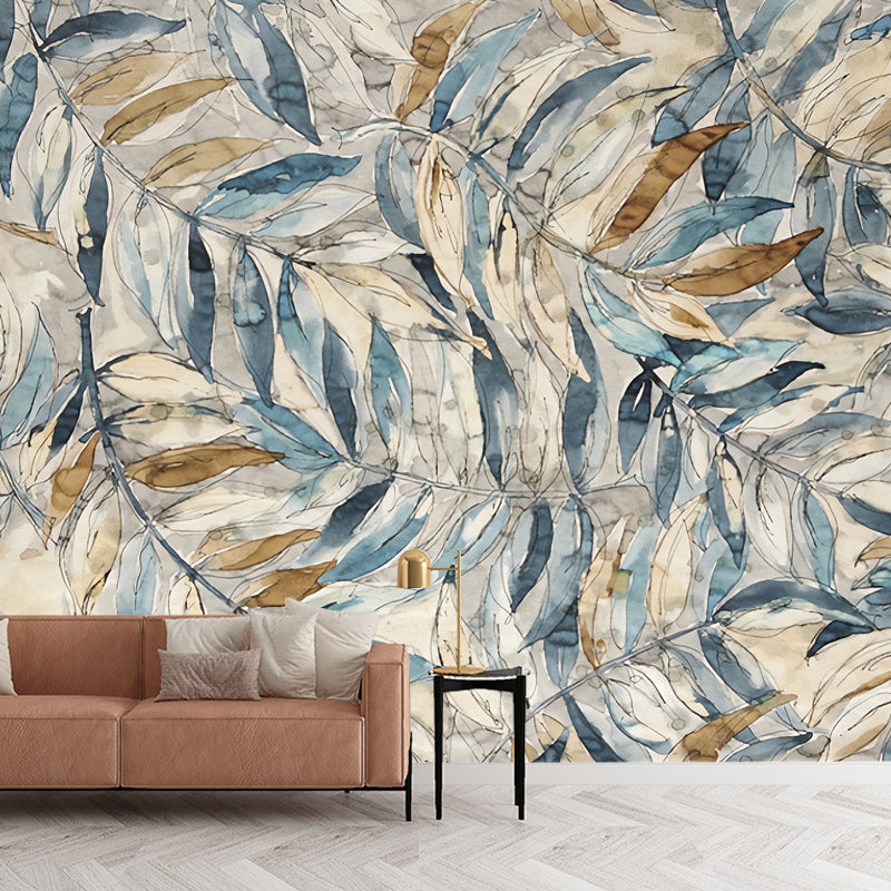 Watercolors of Leaves Mural Wallpaper for Home Decoration, Grey and Blue, Made to Measure Clearhalo 'Wall Decor' 'Wall Mural' 978823