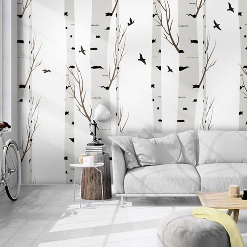 Grey and White Birch Mural Wallpaper Stain-Resistant Wall Covering for Dining Room Decoration Gray-White Clearhalo 'Wall Decor' 'Wall Mural' 978836