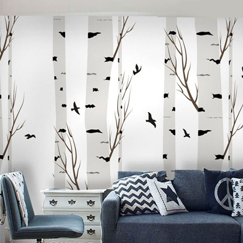 Grey and White Birch Mural Wallpaper Stain-Resistant Wall Covering for Dining Room Decoration Clearhalo 'Wall Decor' 'Wall Mural' 978837