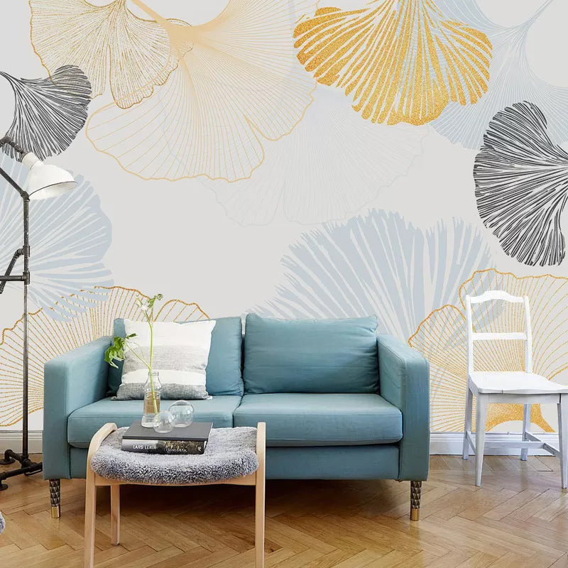 Ginkgo Wall Mural Decal in Blue and Yellow, Nordic Wall Covering for Living Room Decoration Yellow-Blue Clearhalo 'Wall Decor' 'Wall Mural' 978851