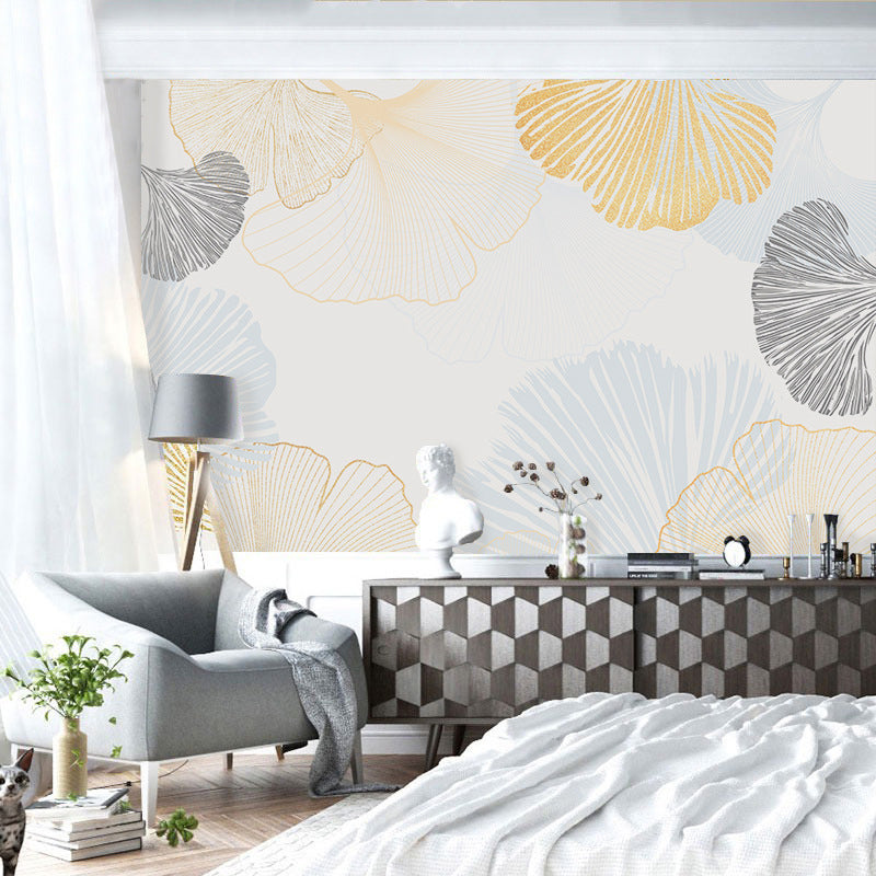 Ginkgo Wall Mural Decal in Blue and Yellow, Nordic Wall Covering for Living Room Decoration Clearhalo 'Wall Decor' 'Wall Mural' 978853