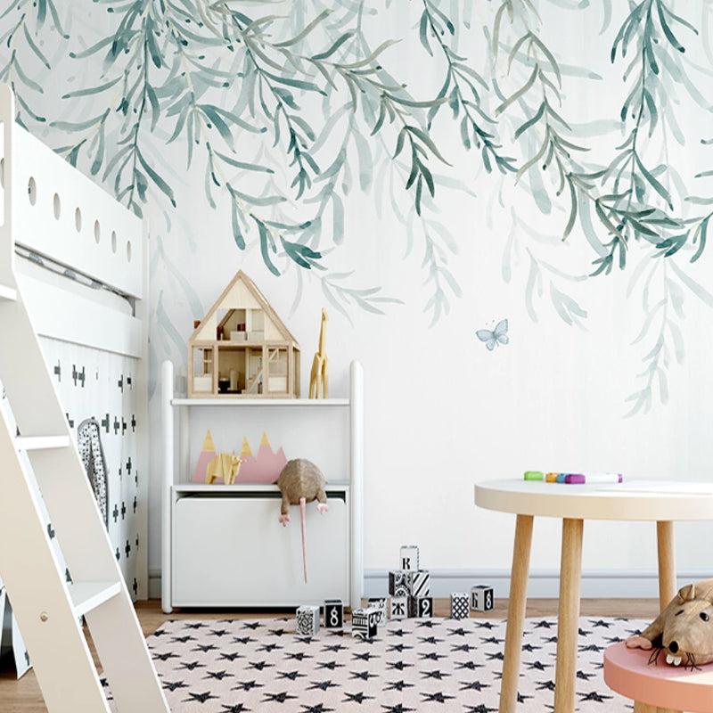 Custom Illustration Nordic Mural Wallpaper for Home Decoration with Willow Tree Design in Green and White Clearhalo 'Wall Decor' 'Wall Mural' 978862