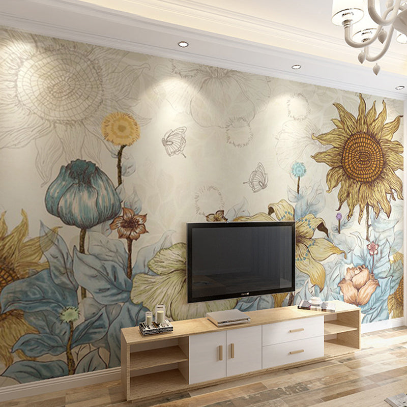 Decorative Sunflower Mural Wallpaper Non-Woven Fabric Nostalgic Wall Covering for Dining Room Decor Clearhalo 'Wall Decor' 'Wall Mural' 978872