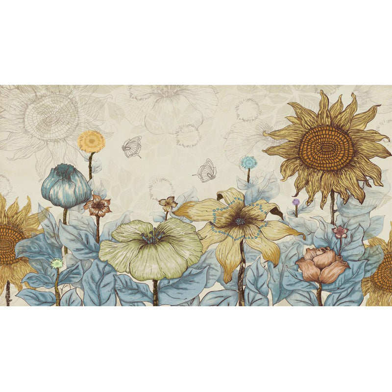 Decorative Sunflower Mural Wallpaper Non-Woven Fabric Nostalgic Wall Covering for Dining Room Decor Clearhalo 'Wall Decor' 'Wall Mural' 978874