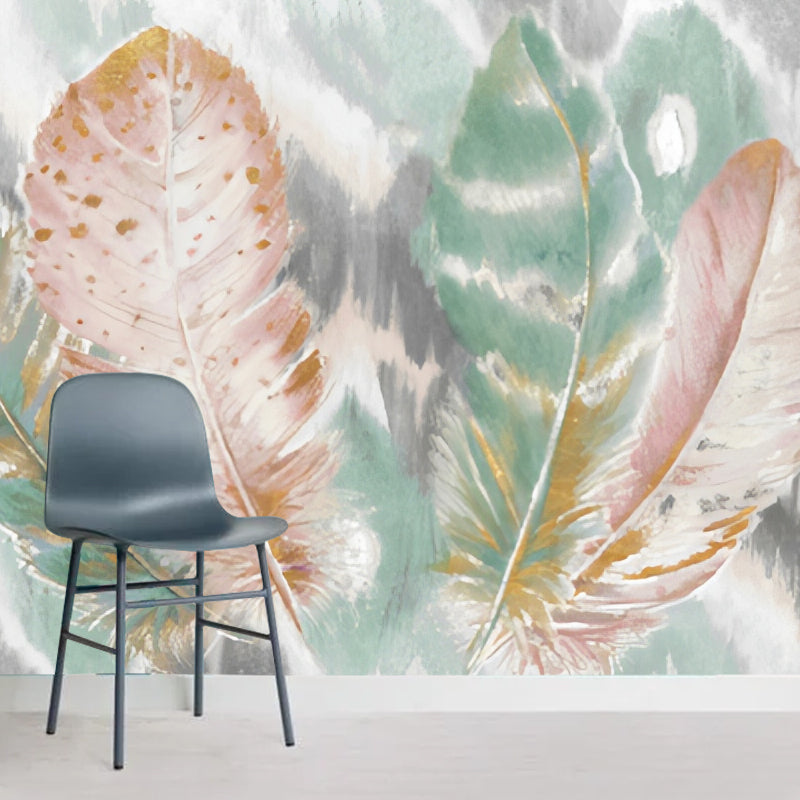 Green and Pink Nordic Mural Wallpaper Custom-Printed Feather Wall Covering for Accent Wall Pink-Green Clearhalo 'Wall Decor' 'Wall Mural' 978881