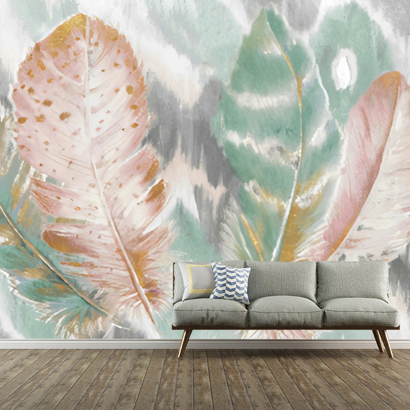 Green and Pink Nordic Mural Wallpaper Custom-Printed Feather Wall Covering for Accent Wall Clearhalo 'Wall Decor' 'Wall Mural' 978882