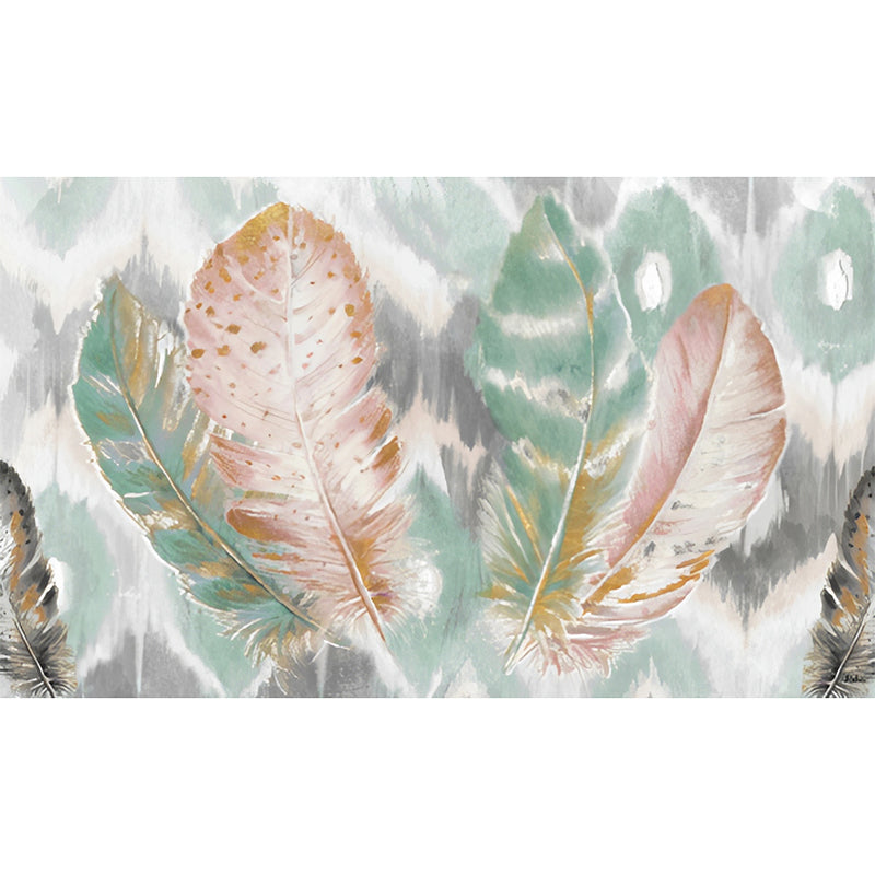 Green and Pink Nordic Mural Wallpaper Custom-Printed Feather Wall Covering for Accent Wall Clearhalo 'Wall Decor' 'Wall Mural' 978884