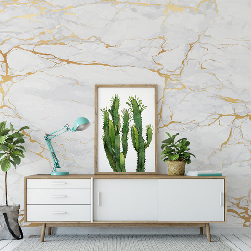 Photo Style Marble Surface Mural Wallpaper for Dining Room in Gold and White, Made to Measure Clearhalo 'Wall Decor' 'Wall Mural' 978942