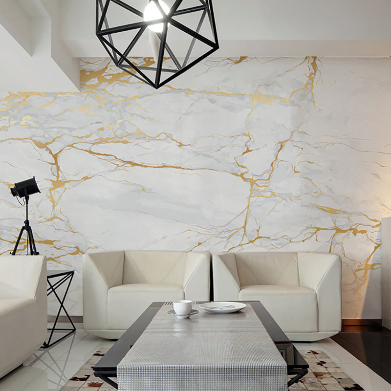 Photo Style Marble Surface Mural Wallpaper for Dining Room in Gold and White, Made to Measure Clearhalo 'Wall Decor' 'Wall Mural' 978943