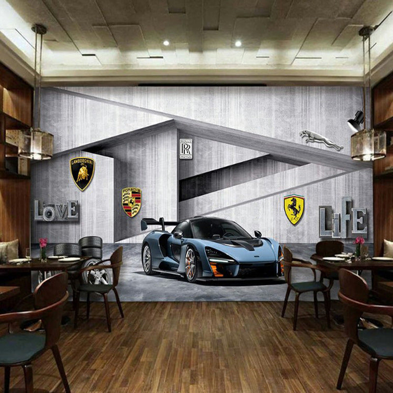 Enormous 3D Effect Car Mural for Coffee Shop and Bar Cement Wall Covering in Blue and Grey, Stain-Resistant Blue-Gray Clearhalo 'Wall Decor' 'Wall Mural' 978946