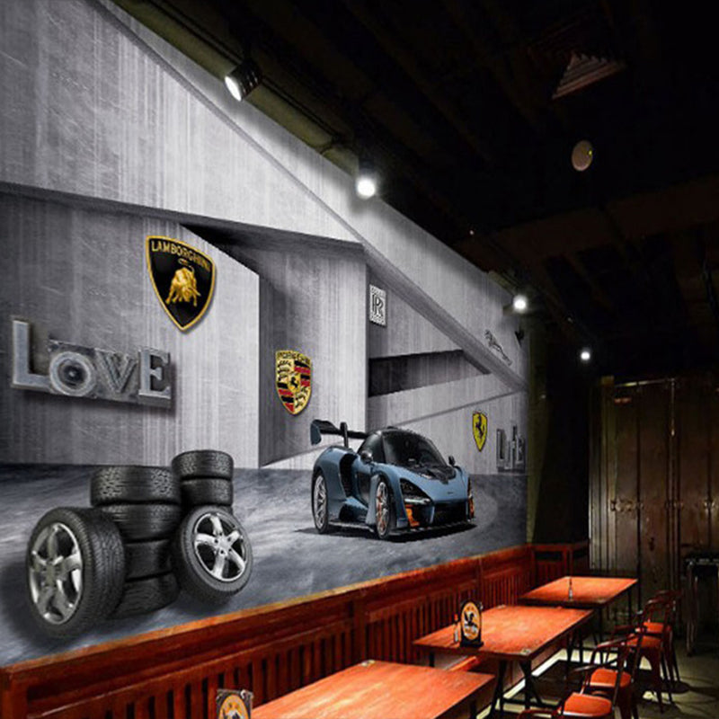 Enormous 3D Effect Car Mural for Coffee Shop and Bar Cement Wall Covering in Blue and Grey, Stain-Resistant Clearhalo 'Wall Decor' 'Wall Mural' 978947