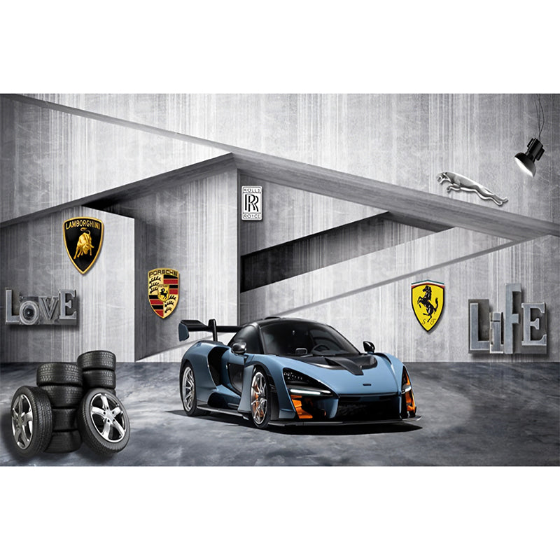 Enormous 3D Effect Car Mural for Coffee Shop and Bar Cement Wall Covering in Blue and Grey, Stain-Resistant Clearhalo 'Wall Decor' 'Wall Mural' 978949