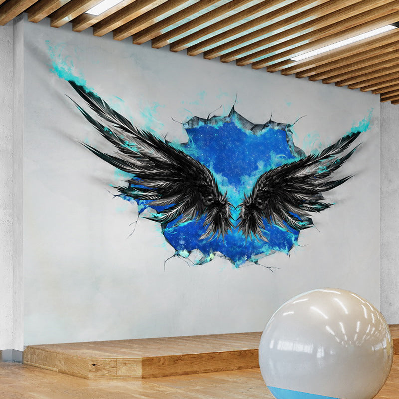 Custom Illustration Style Original Mural Wallpaper for Dress Shop with Wing and Feather Pattern in Blue and Black Clearhalo 'Wall Decor' 'Wall Mural' 978952