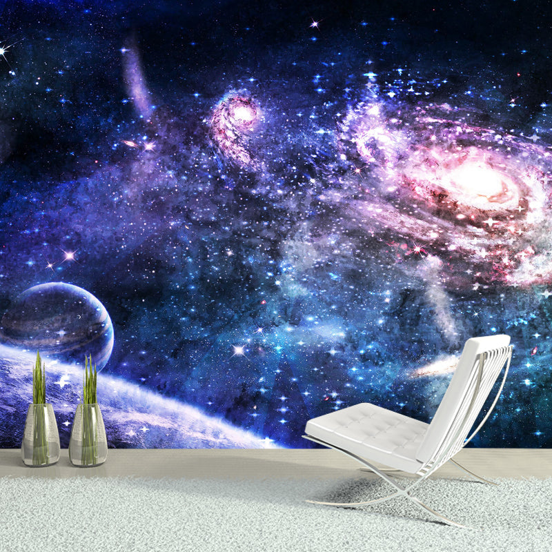 Fantasy Deep Space Wall Mural Decal for Children's Bedroom, Blue and Purple, Custom Size Available Clearhalo 'Wall Decor' 'Wall Mural' 978958