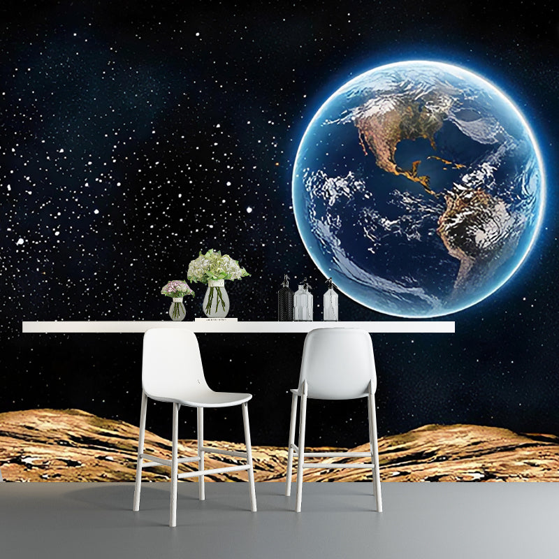 Big Planet Wall Mural Decal in Blue and Black Non-Woven Fabric Wall Covering for Home Decor, Custom-Printed Clearhalo 'Wall Decor' 'Wall Mural' 978967