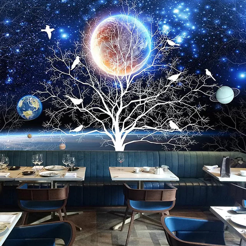 Whole Photography Fashion Mural Wallpaper for Living Room with Planet and Tree Design in Blue and Black Clearhalo 'Wall Decor' 'Wall Mural' 978978