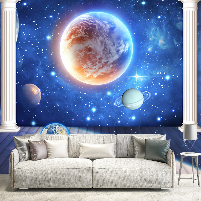 Blue Column and Galaxy Mural Stain-Resistant Wall Art for Office Room Decoration Blue Clearhalo 'Wall Decor' 'Wall Mural' 978981