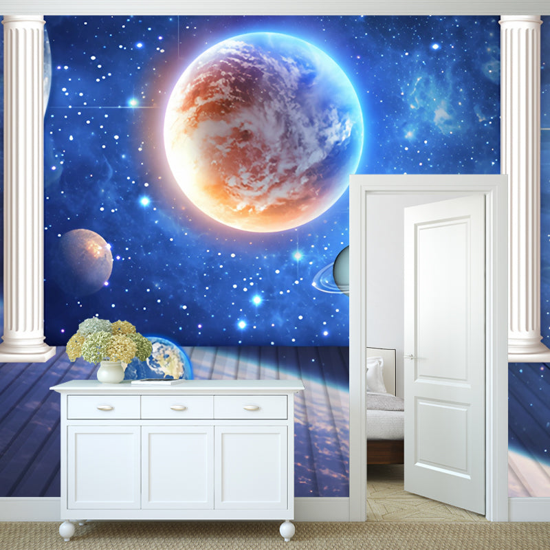 Blue Column and Galaxy Mural Stain-Resistant Wall Art for Office Room Decoration Clearhalo 'Wall Decor' 'Wall Mural' 978982