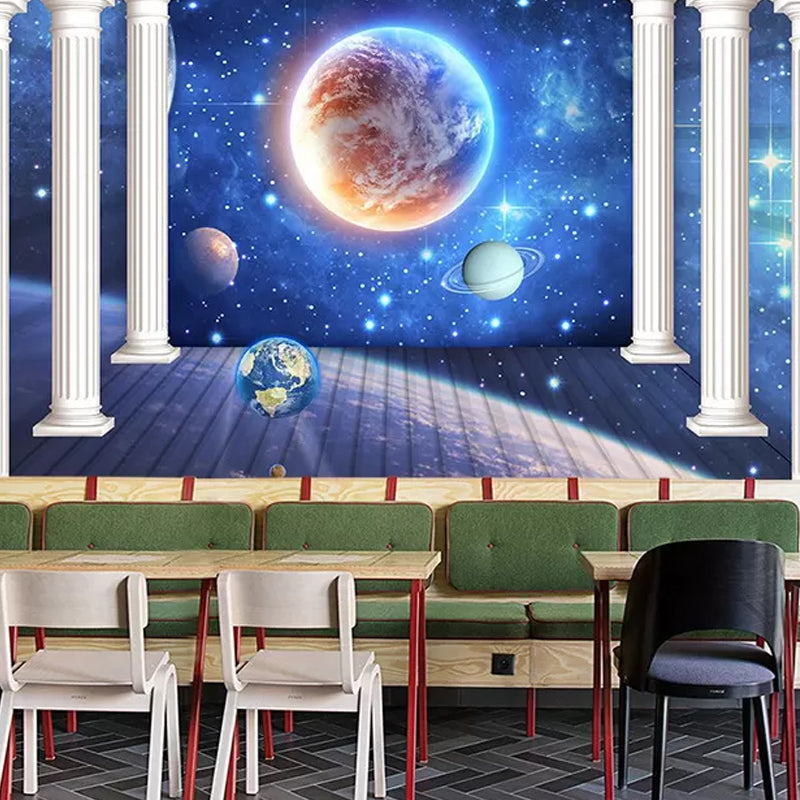 Blue Column and Galaxy Mural Stain-Resistant Wall Art for Office Room Decoration Clearhalo 'Wall Decor' 'Wall Mural' 978983