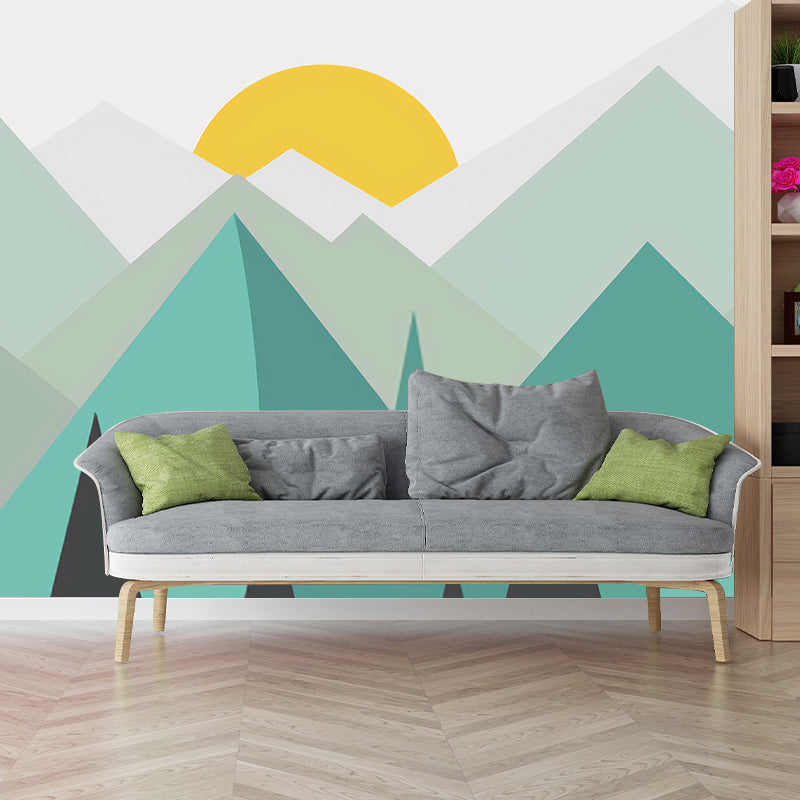 Big Illustration Simple Wall Mural Decal for Living Room with Mountain and Sunrise in Green and Yellow Yellow-Green Clearhalo 'Wall Decor' 'Wall Mural' 979051