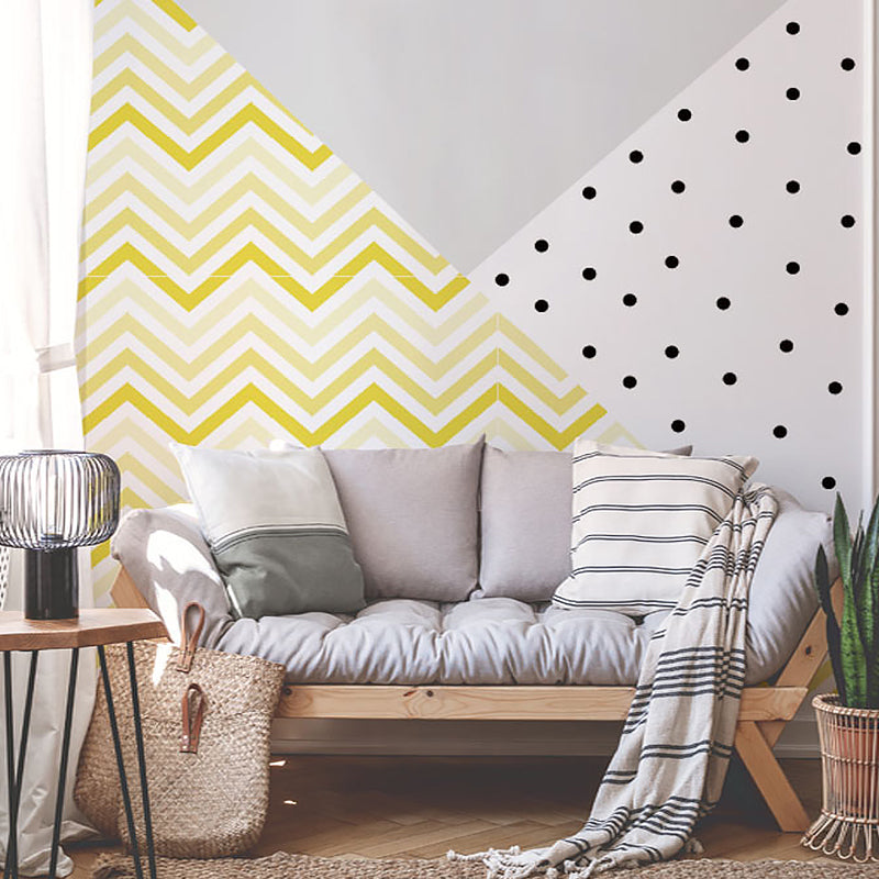 Illustration Dot and Stripe Mural Wallpaper for Boy or Girl in Grey and Yellow, Made to Measure Clearhalo 'Wall Decor' 'Wall Mural' 979057