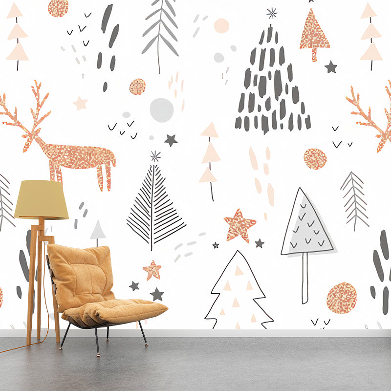 Cartoon Deer Wall Mural Decal in White Non-Woven Fabric Wall Covering for Living Room Decor, Custom-Printed White Clearhalo 'Wall Decor' 'Wall Mural' 979106