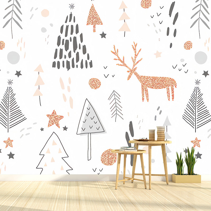 Cartoon Deer Wall Mural Decal in White Non-Woven Fabric Wall Covering for Living Room Decor, Custom-Printed Clearhalo 'Wall Decor' 'Wall Mural' 979107