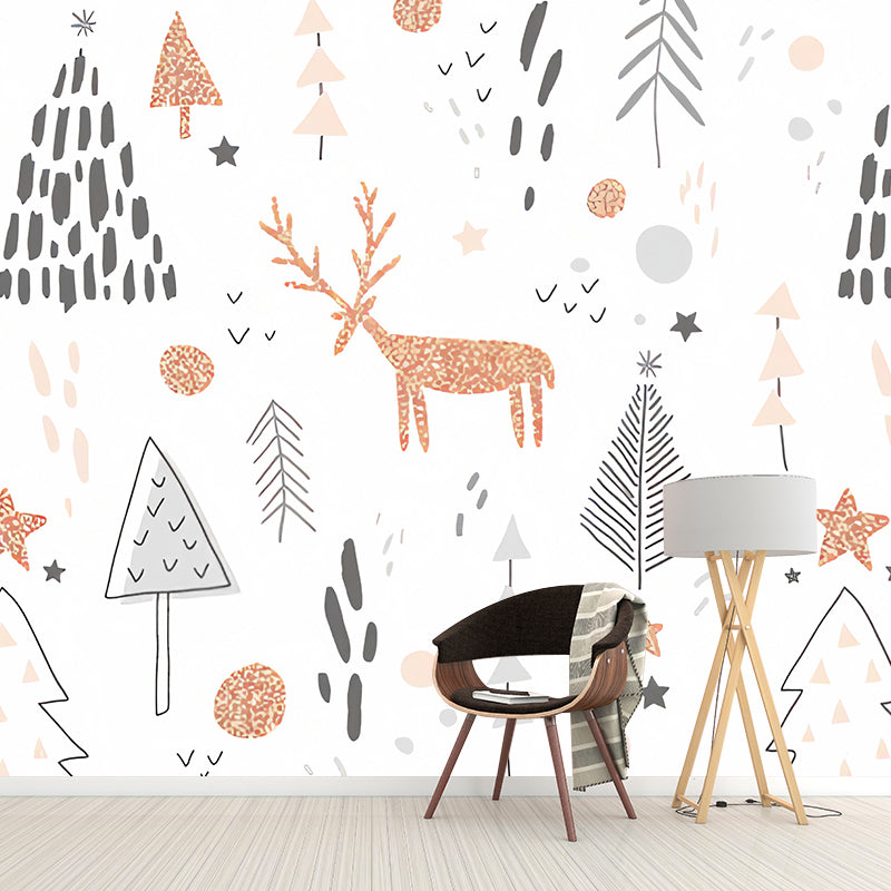 Cartoon Deer Wall Mural Decal in White Non-Woven Fabric Wall Covering for Living Room Decor, Custom-Printed Clearhalo 'Wall Decor' 'Wall Mural' 979108