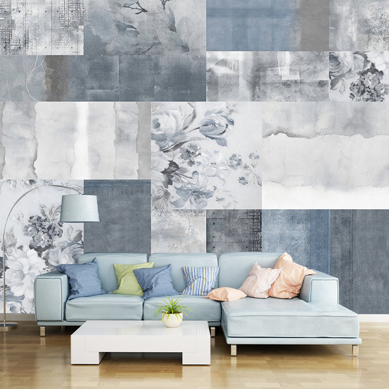 Blossom and Grid Mural Wallpaper for Accent Wall, Soft Grey, Personalized Size Available Clearhalo 'Wall Decor' 'Wall Mural' 979152