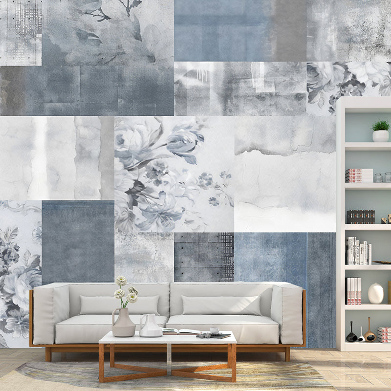 Blossom and Grid Mural Wallpaper for Accent Wall, Soft Grey, Personalized Size Available Clearhalo 'Wall Decor' 'Wall Mural' 979153