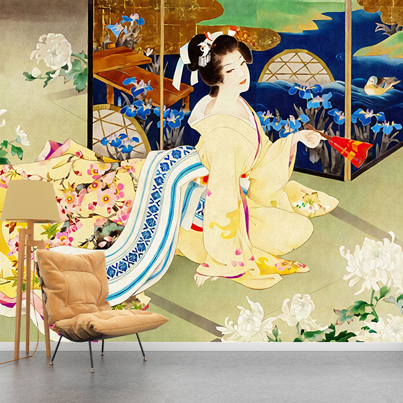 Japanese Woman Wall Mural Decal for Accent Wall Traditional Wall Covering for Bedroom Decor Yellow Clearhalo 'Wall Decor' 'Wall Mural' 979191