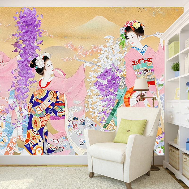 Oriental Beauty Wall Mural Decal in Yellow Living Room Wall Covering, Made to Measure Yellow-Pink Clearhalo 'Wall Decor' 'Wall Mural' 979196