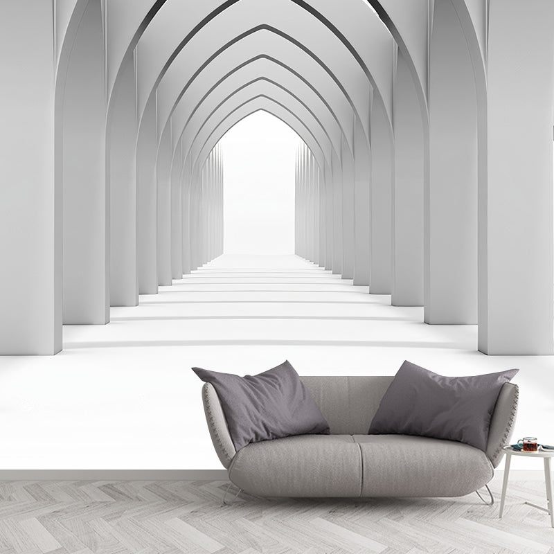 Contemporary 3D Effect Tunnel Mural Wallpaper, Personalized Size Wall Covering in Grey and White Clearhalo 'Wall Decor' 'Wall Mural' 979203