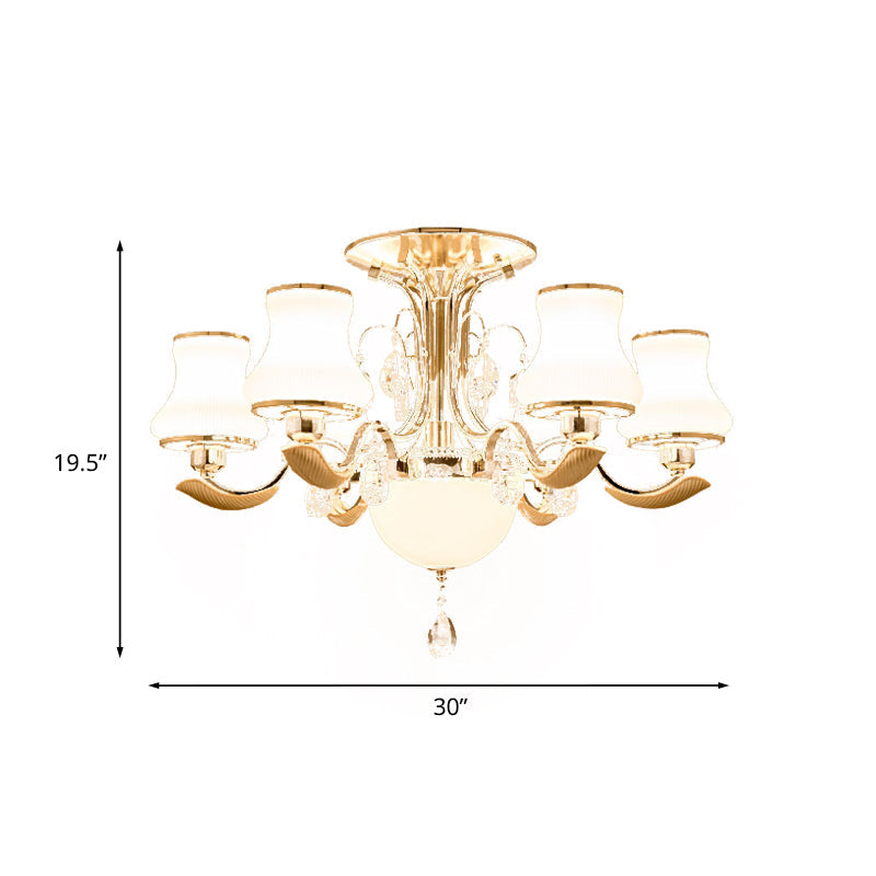 3/6 Bulbs Milk Glass Semi Mount Lighting Traditional Gold Pear Shaped Bedroom Close to Ceiling Light Clearhalo 'Ceiling Lights' 'Close To Ceiling Lights' 'Close to ceiling' 'Semi-flushmount' Lighting' 979493