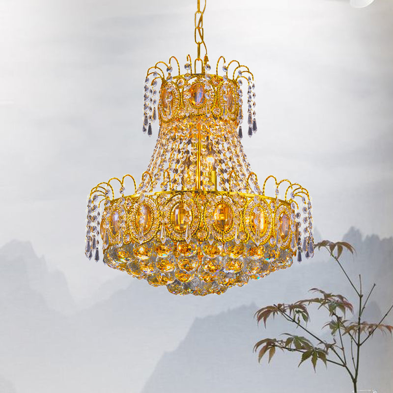 Vintage Basket Pendant Lamp 8 Heads Crystal Strand Chandelier Lighting in Gold for Lobby Clearhalo 'Ceiling Lights' 'Chandeliers' Lighting' options 979582