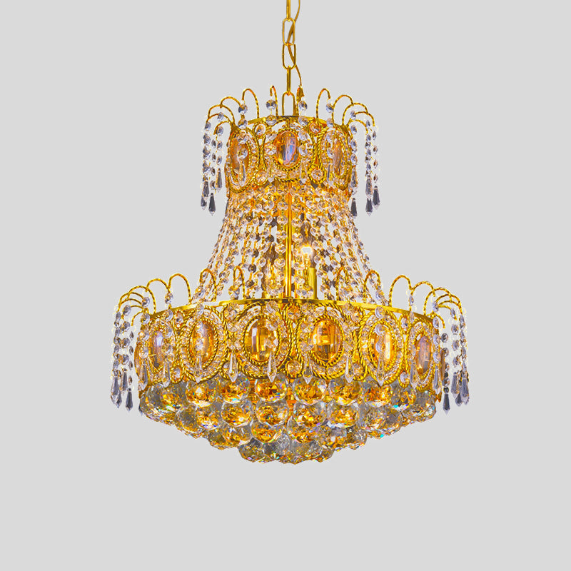 Vintage Basket Pendant Lamp 8 Heads Crystal Strand Chandelier Lighting in Gold for Lobby Clearhalo 'Ceiling Lights' 'Chandeliers' Lighting' options 979584